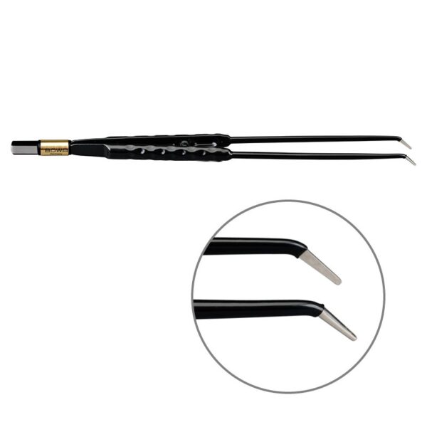 Пинцет биполярный прямой антипригарный BOWA NON-Stick-Gold сферическая рукоятка, длина 225 мм, наконечники загнутые 1 мм, разъем евростандарт